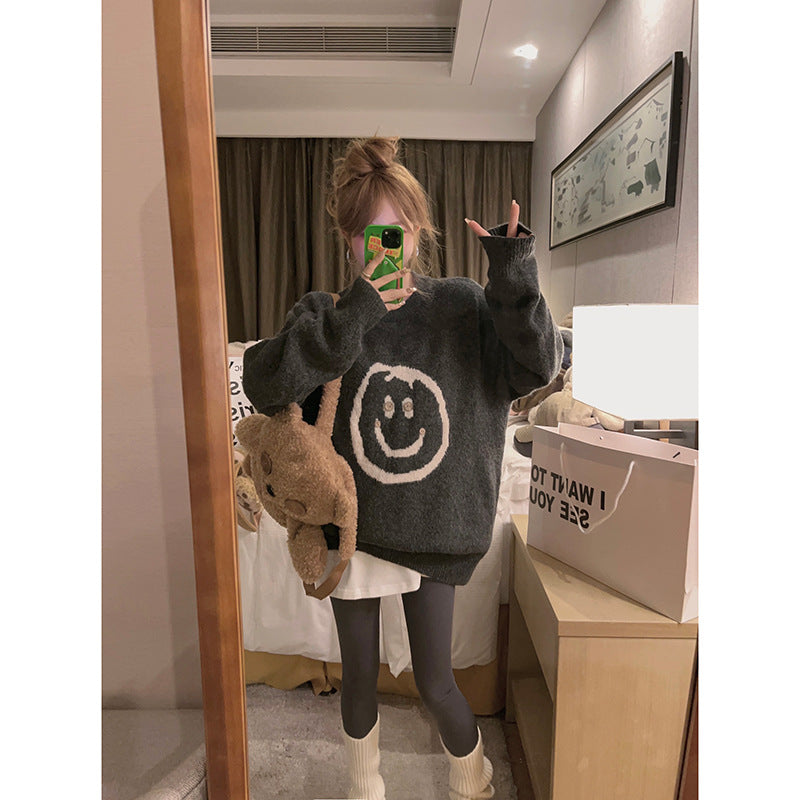 Damen Strickpullover mit lässigem Smile-Motiv und komfortabler Passform Amawinc