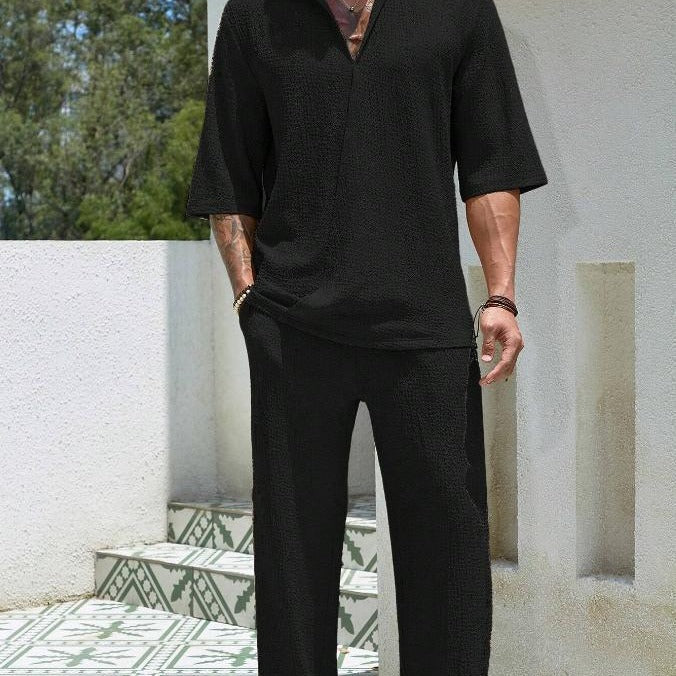 Amawinc Ensemble Homme Deux Pieces en Coton Léger Chemise à Manches Courtes Pantalon Confort Décontracté