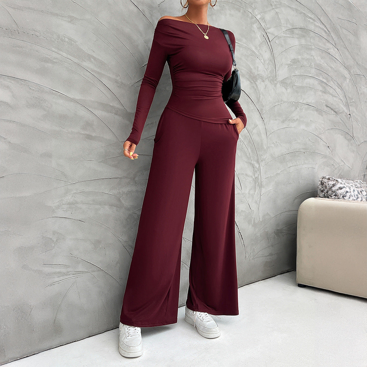 Ensemble Tailleur Femme Nordic Flair Slim Fit Haut À Manches Longues Pantalon Large Taille Haute