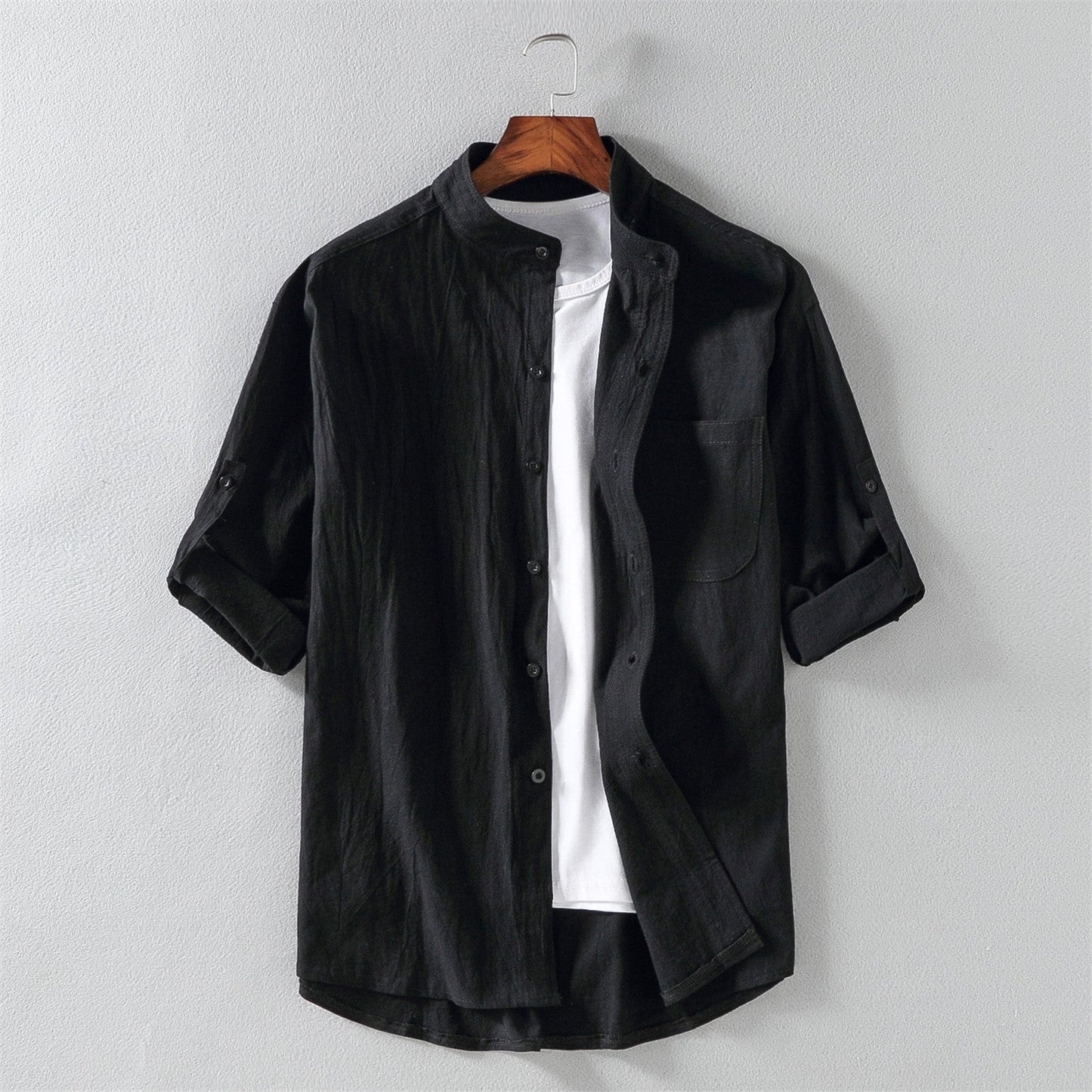 Chemise Homme Manches Courtes En Lin Mélangé Col Mandarin Décontractée Léger Été Respirante
