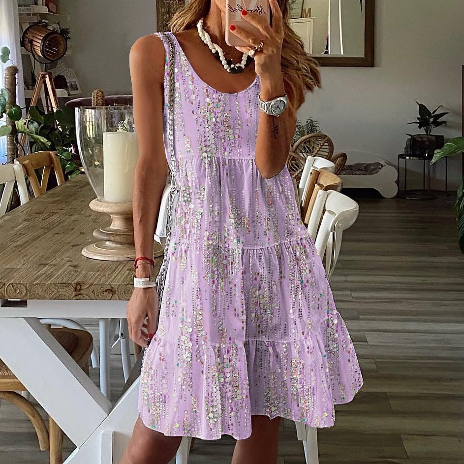 Robe Sans Manches Femme Col en U Coupe A Ligne Volants en Couches Coton Léger Respirant