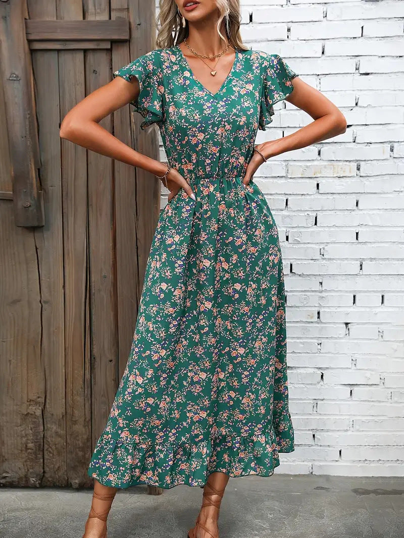 Robe Midi Femme Col V Coton Mélangé Manches Volants Taille Froncée Coupe Décontractée