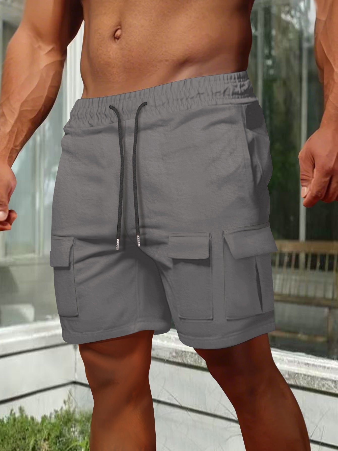 Shorts Cargo Homme Olive Coupe Décontractée Respirant Mélange Coton Élastique Poches Utilitaires