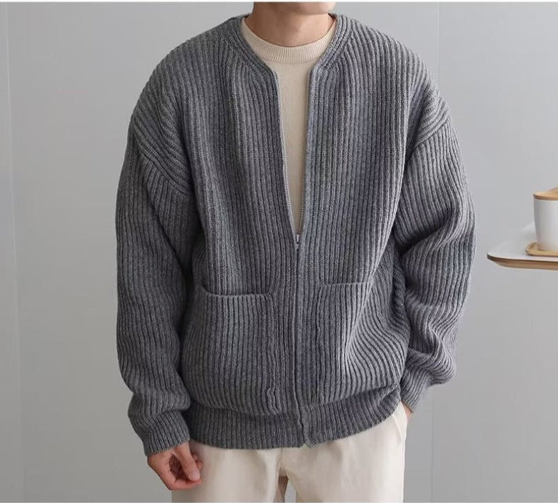 Cardigan Homme En Coton Mélangé Col Mao Oversize Zip Complet Pour Superposition Quotidienne