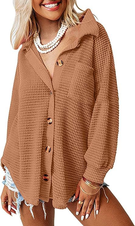 Damen lässige Waffle-Hemdenjacke mit Knopfverschluss Amawinc