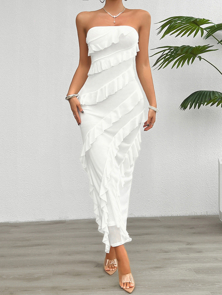 Robe Sans Bretelles Tailleur Longue À La Cheville Avec Volants Asymétriques Pour Soirées