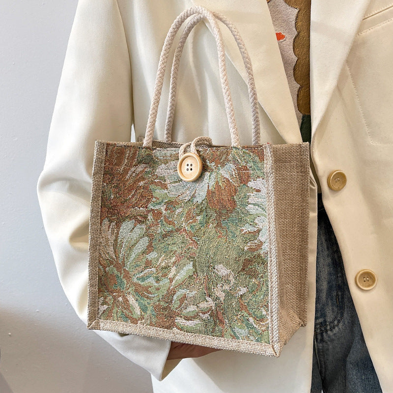 Sac Cabas Tissé Heather Floral Avec Deux Anses Torsadées Polyvalent Pour Plage Et Courses