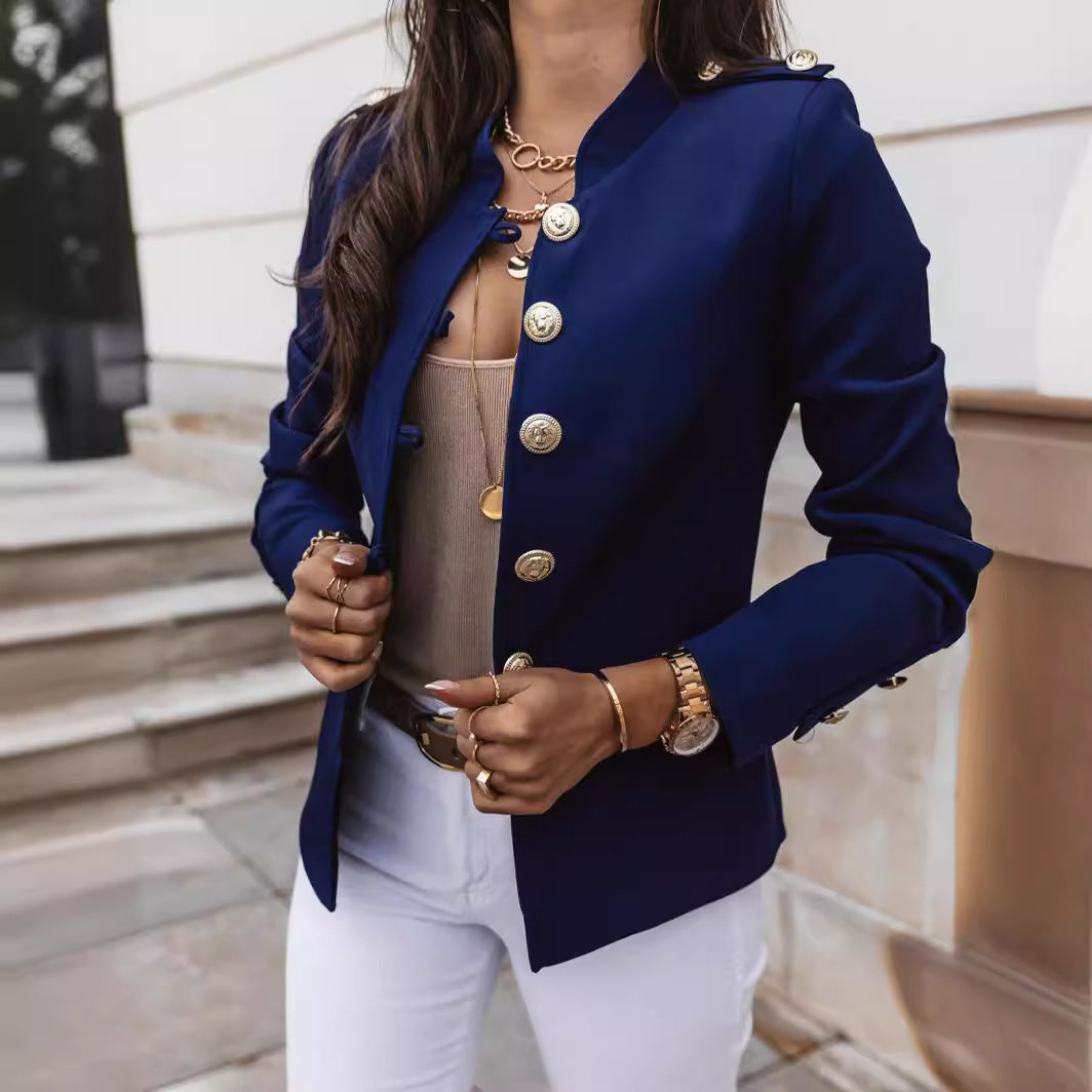 Blazer Femme Slim Fit Col Mandarin Boutons Métalliques Longueur Courte Pour Le Travail Et Les Sorties