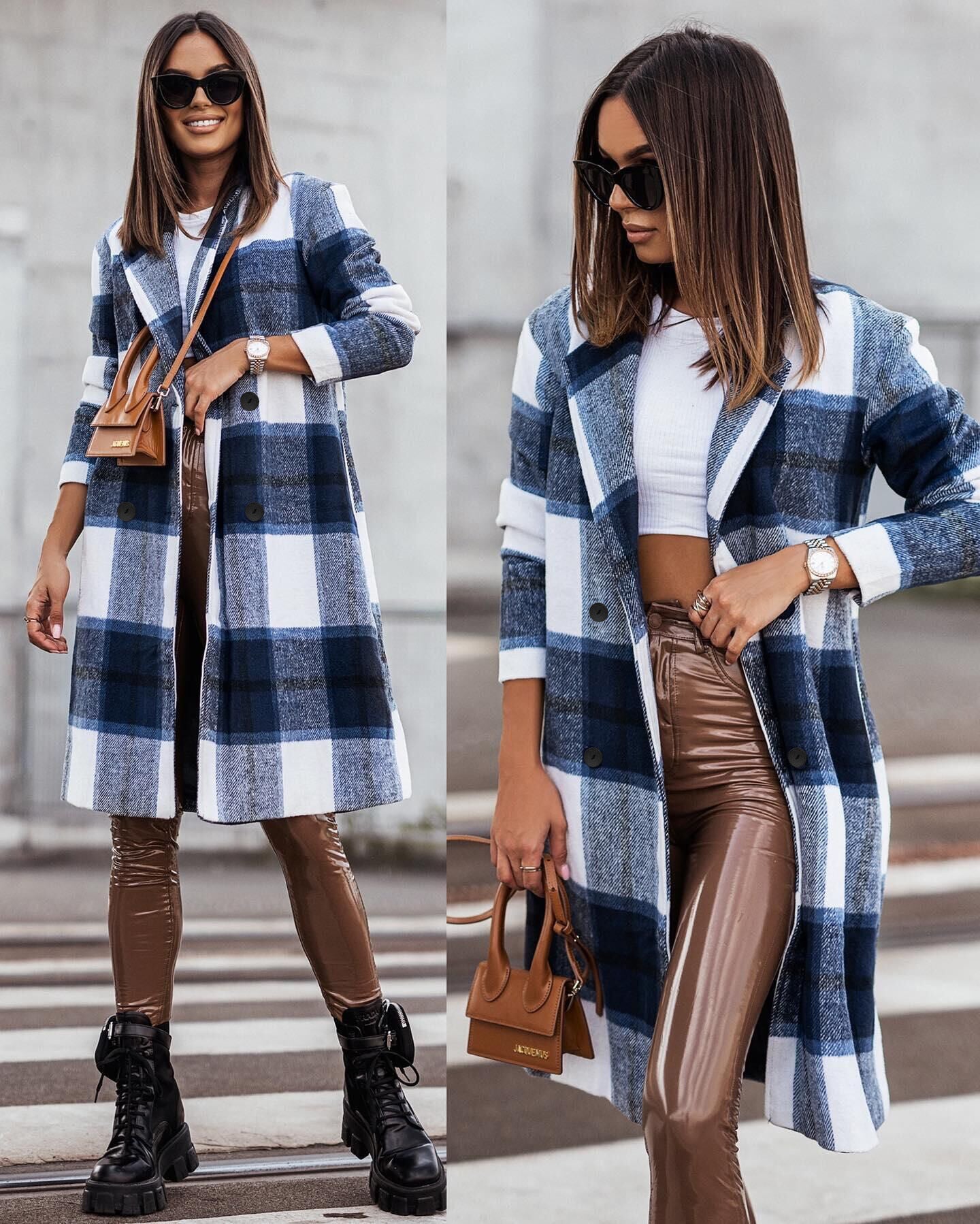 Damen Karierter Oversized-Wintermantel Amawinc