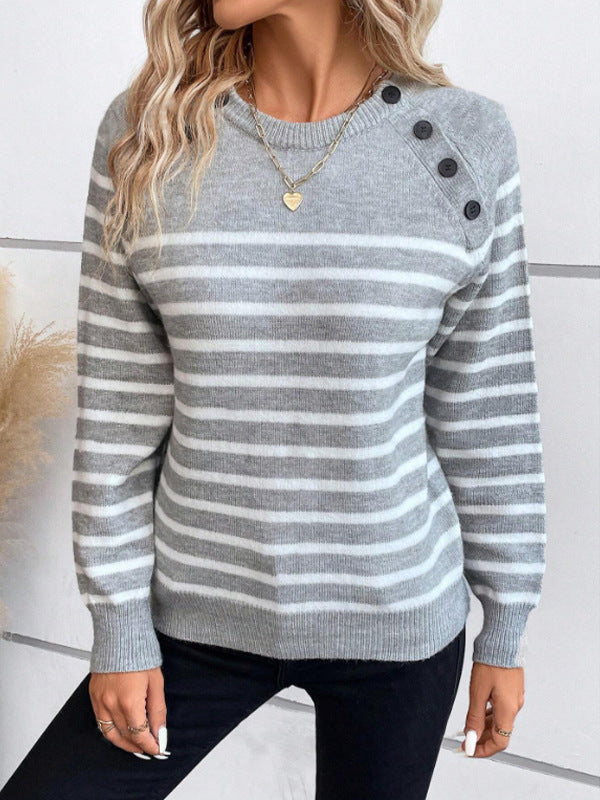 Damen gestreifter Pullover mit dekorativen Knopfdetails und Rundhalsausschnitt Amawinc
