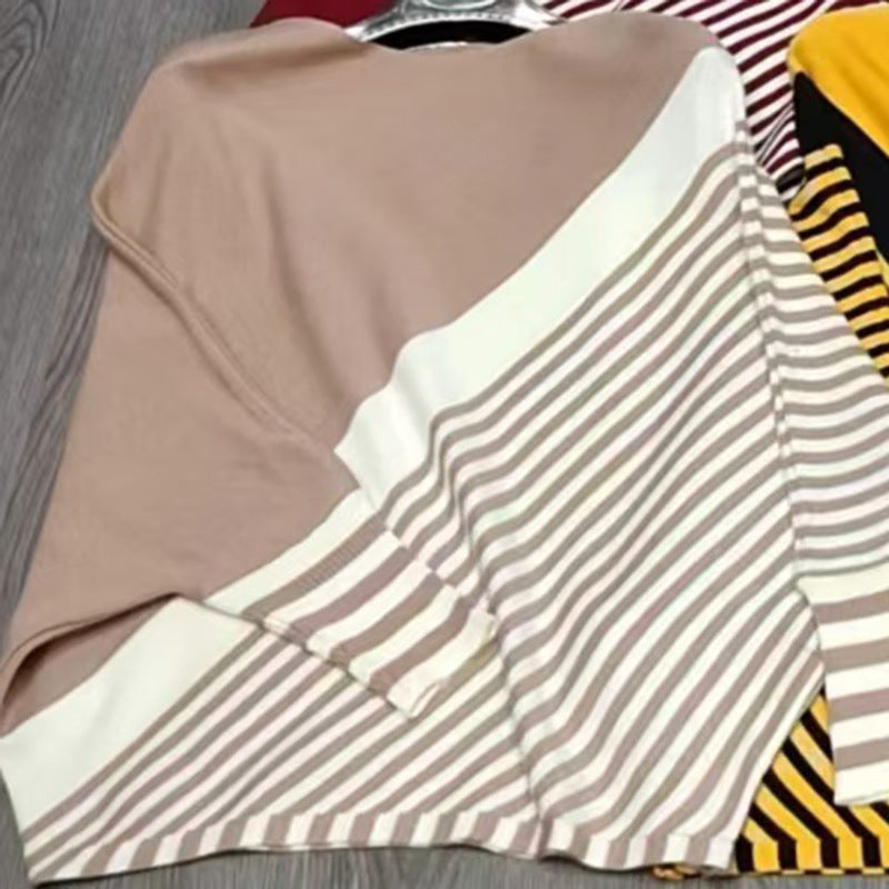 Damen modischer Strickpullover mit asymmetrischem Schnitt und grafischem Streifenmuster Amawinc