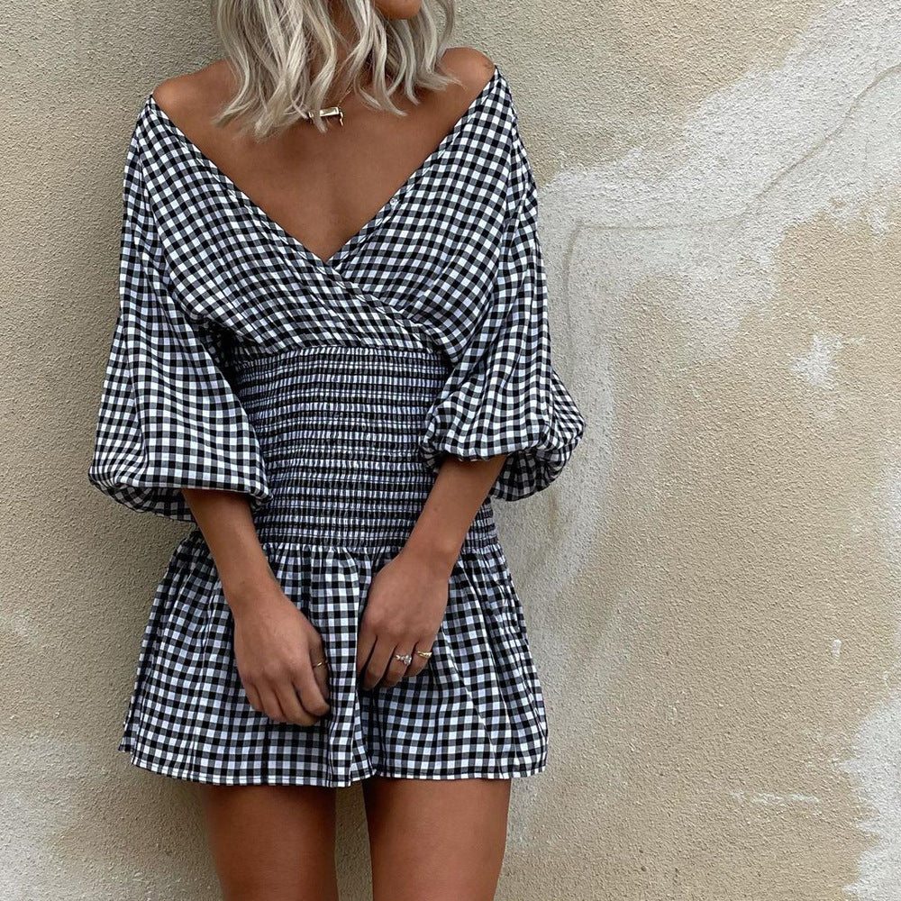 Robe Courte Femme Mélange Coton Col V Manches Bouffantes Taille Smockée Motif Gingham