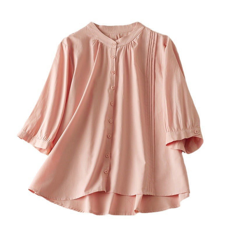 Chemise Femme Coupe Décontractée Fibres Naturelles Col Montant Détail Plissé Pour Toutes Occasions