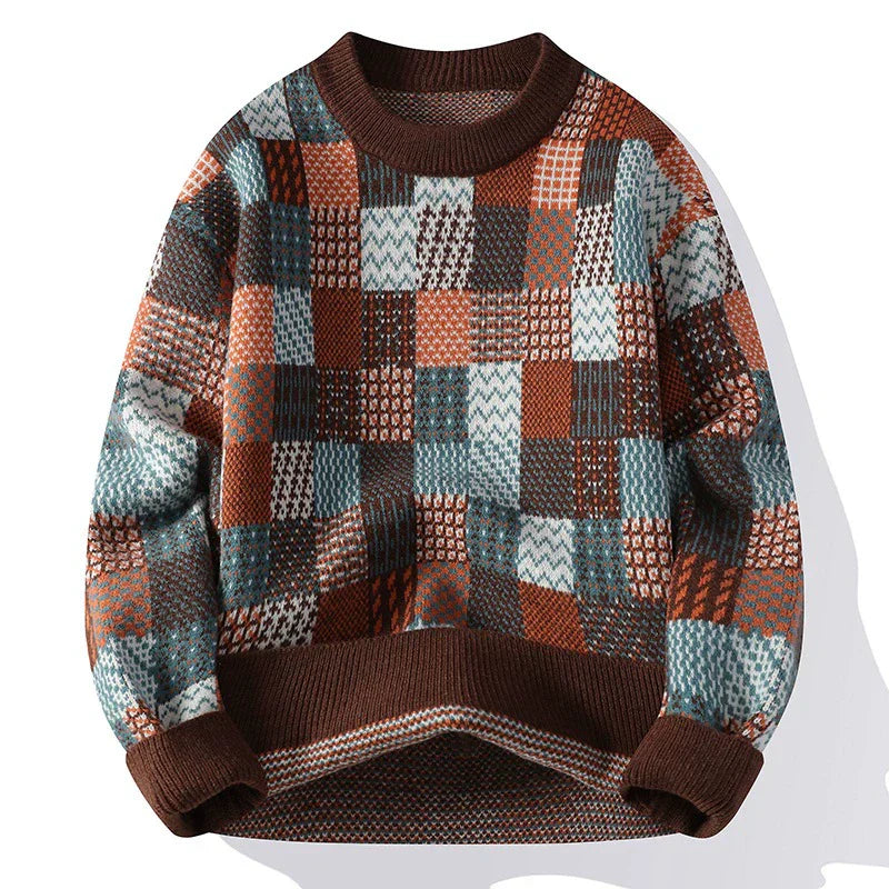 Pull En Maille De Laine Homme Avec Patchwork Carreaux Col Rond Coupe Décontractée Confortable