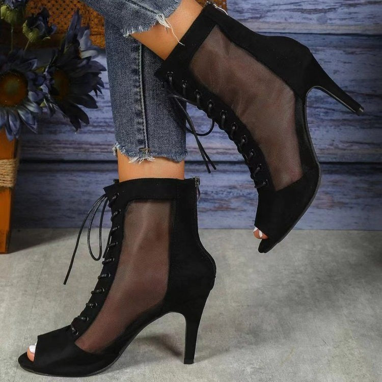 Damen Halboffene High Heel Stiefel mit transparentem Seiteneinsatz und Schnürung Amawinc