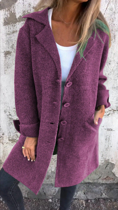 Manteau Midi Femme Coupe Décontractée Aspect Laine Col Revers Simple Boutonnage Amawinc