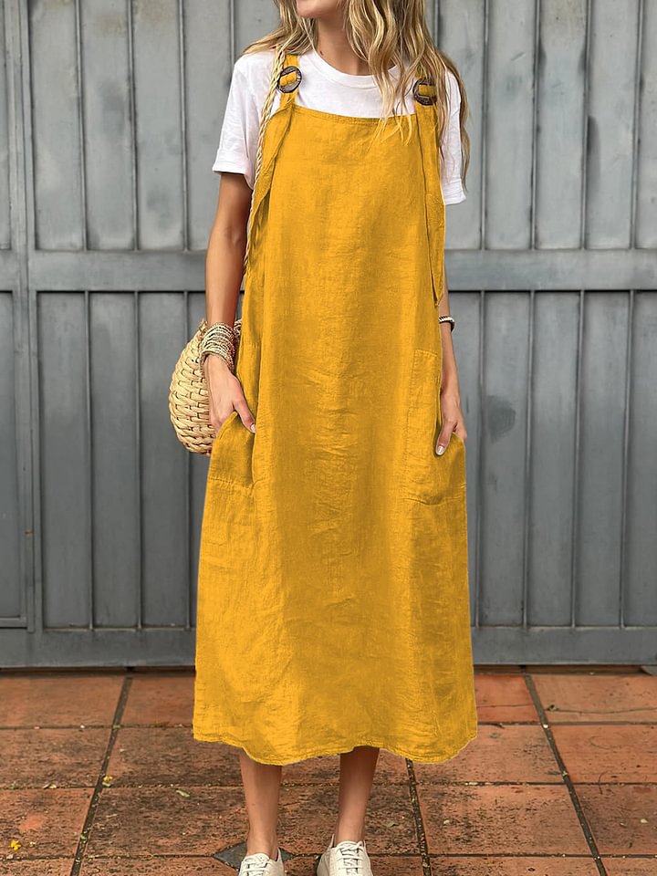 Damen lässiges Leinen-Trägerkleid mit praktischen Taschen Amawinc