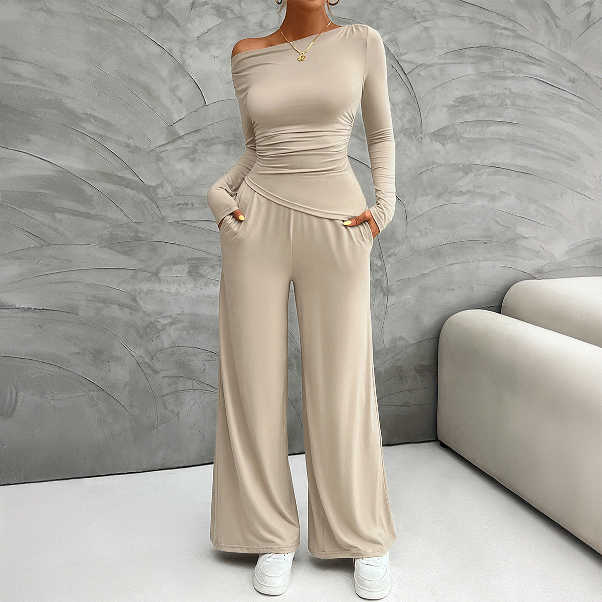 Ensemble Tailleur Femme Nordic Flair Slim Fit Haut À Manches Longues Pantalon Large Taille Haute