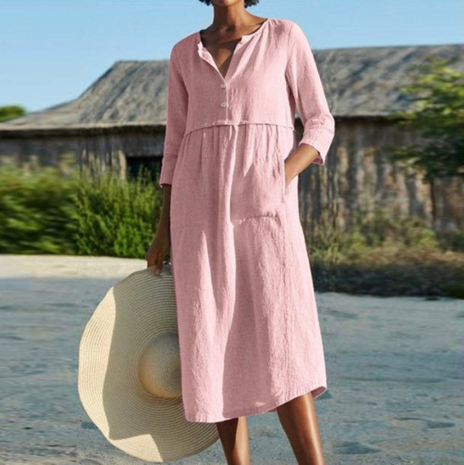 Fudus Baumwoll-Leinen Kleid mit mittel langen Ärmeln