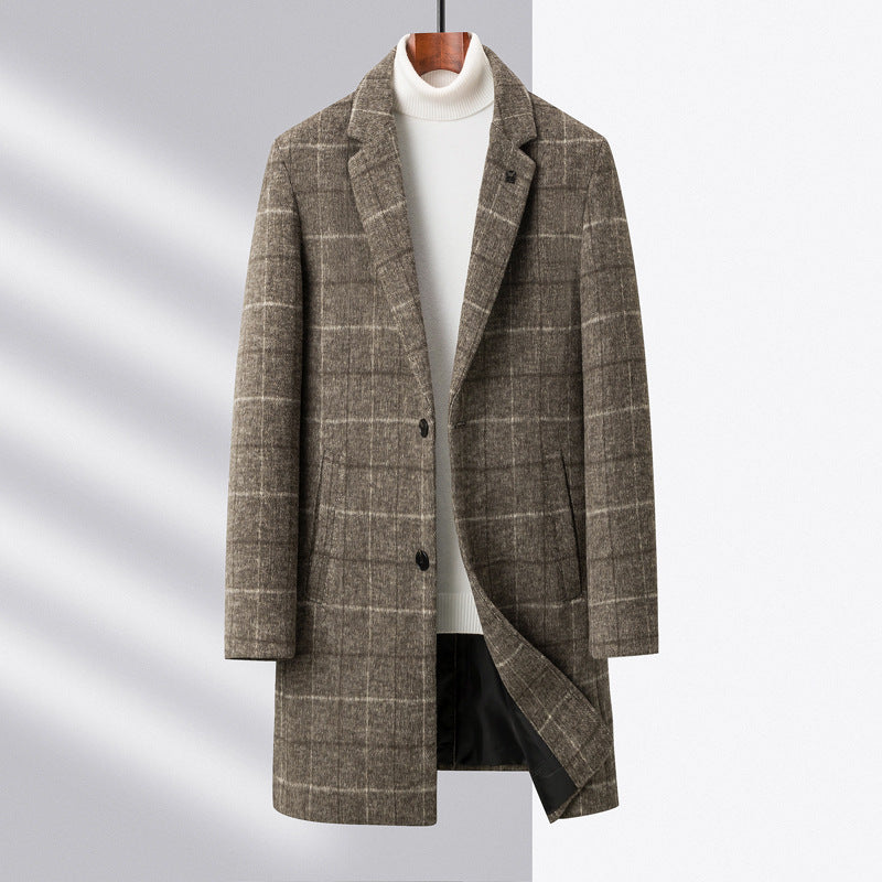 Manteau Homme En Laine Mélangée Motif À Carreaux Mi Long Revers À Cran Fermeture Frontale À Deux Boutons Classique