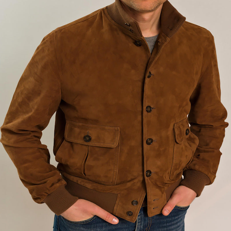 Veste Homme Amawinc en Cuir PU Effet Suede Slim Fit Col Montant Boutons Poignets Côtelés Premium