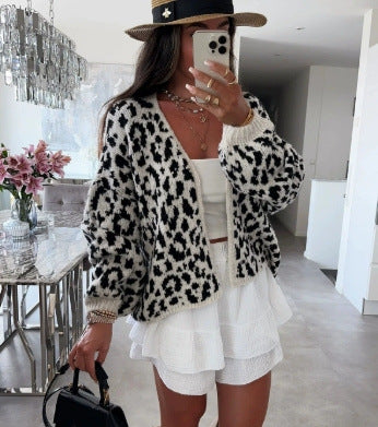 Damen lässige Strickjacke im Leopardenmuster Amawinc