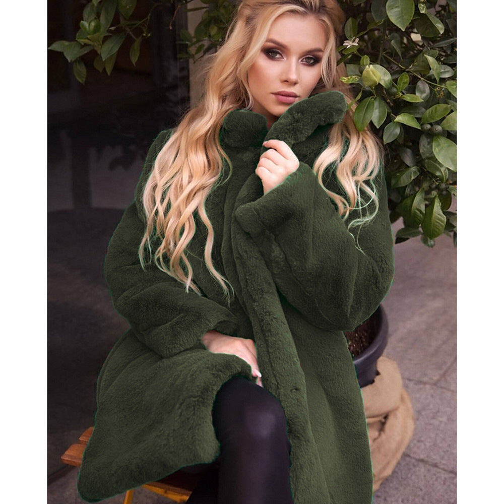 Damen Flauschiger Kunstpelzmantel mit hohem Kragen Amawinc