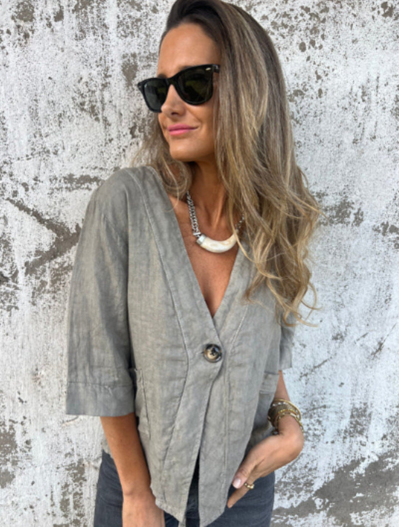 Damen Leichtes Leinenblazer mit kurzer Arm Amawinc