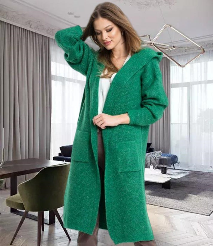 Damen Strickmantel mit Kapuze und großen Taschen Amawinc