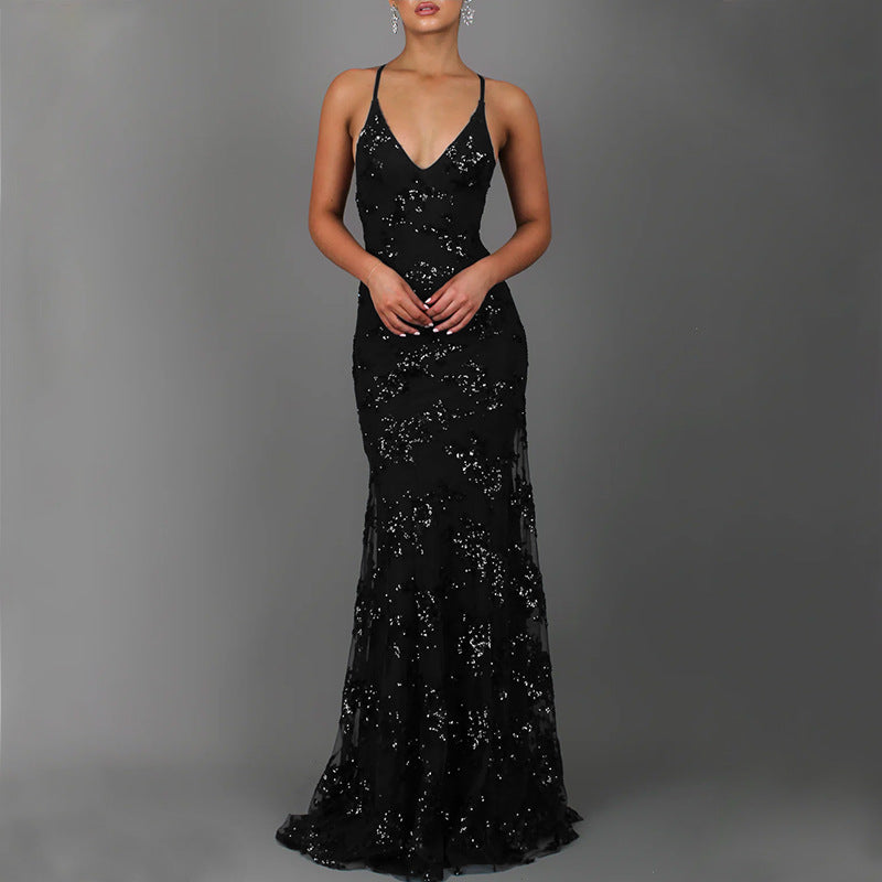 Damen Glamouröses Abendkleid mit filigraner Paillettenverzierung und elegantem Rückenschnitt Amawinc