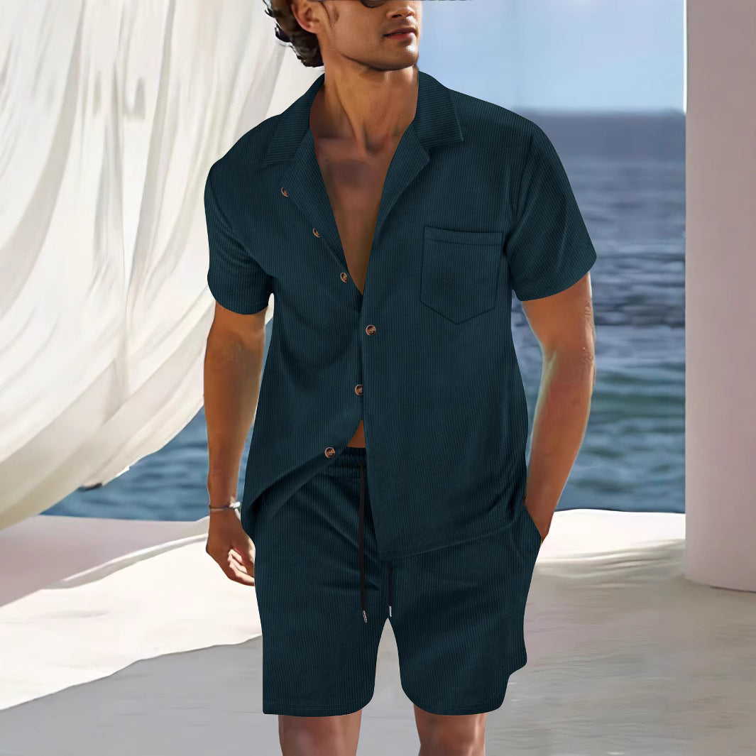 Ensemble Homme Chemise Et Shorts Coupe Décontractée Col Cubain Coton Mélangé Léger Pour Été