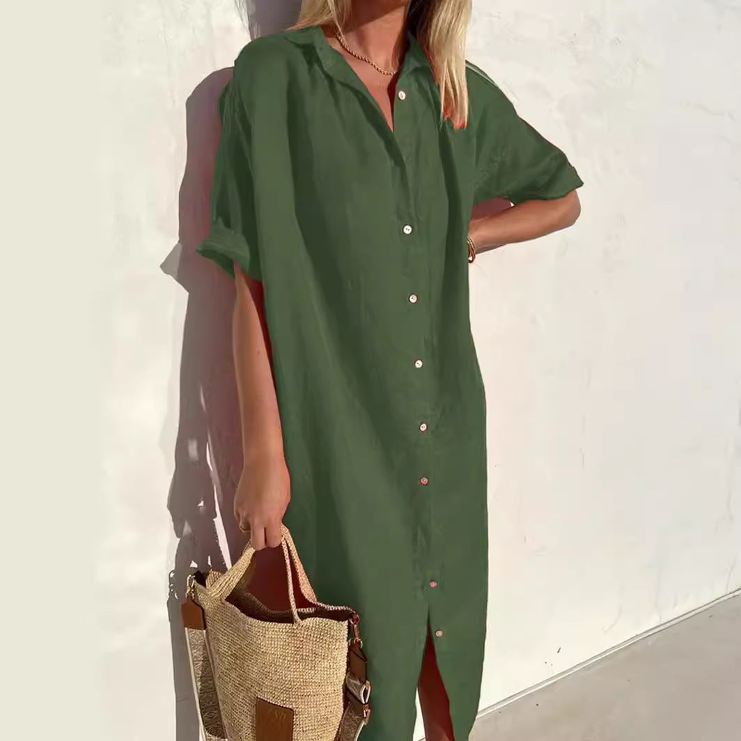 Robe Chemise Femme En Mélange Coton Lin Coupe Décontractée Manches Courtes Boutonnage