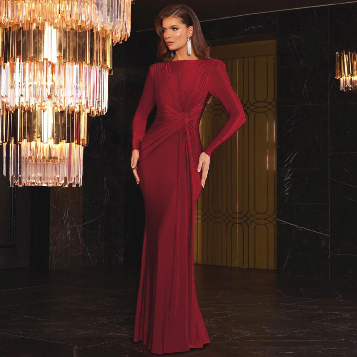 Damen Elegantes Langarm-Maxikleid mit Raffungen Amawinc