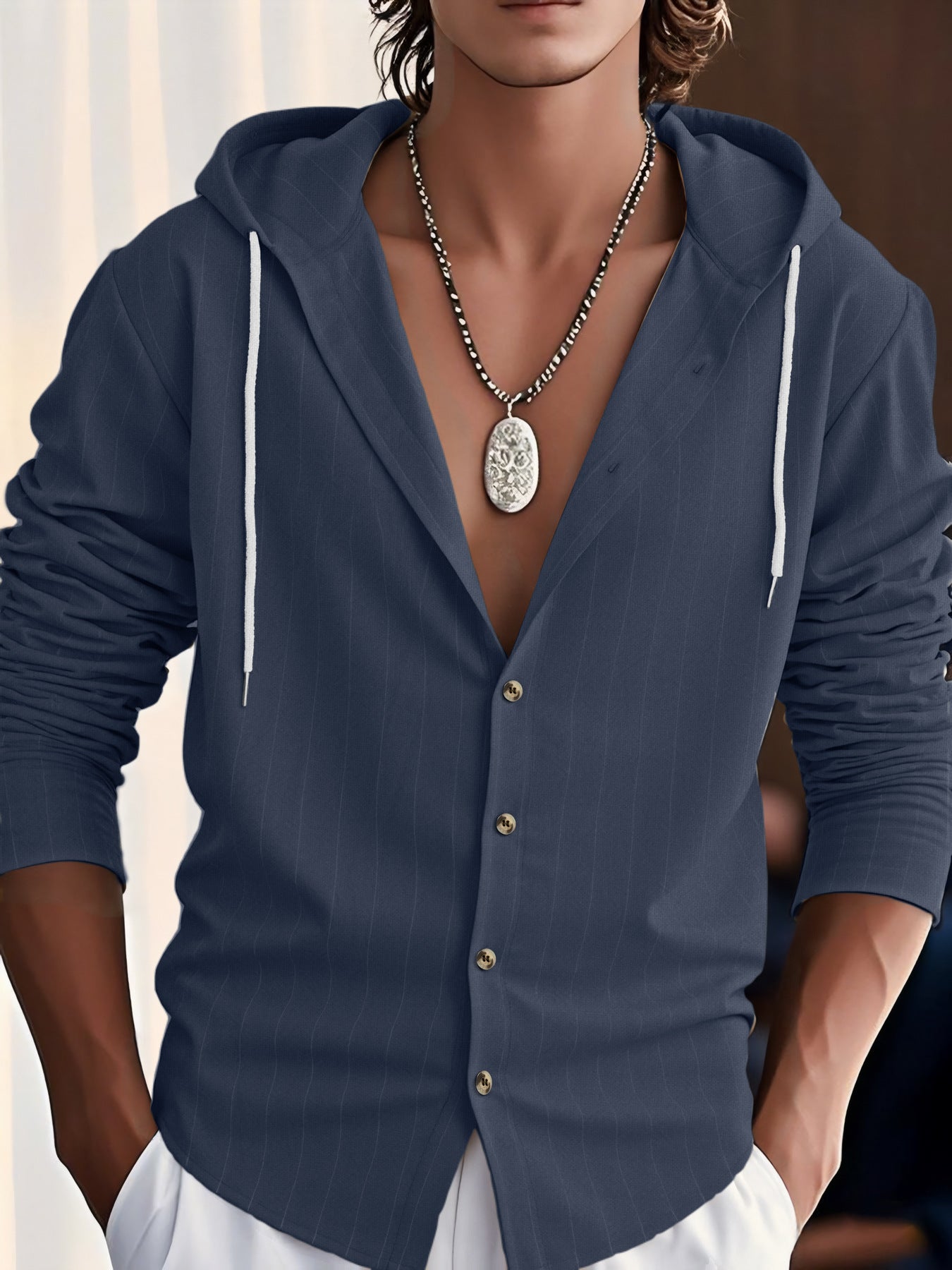 Chemise À Capuche Pour Homme En Mélange De Coton Coupe Décontractée Bouton Devant Motif Rayures Texturées