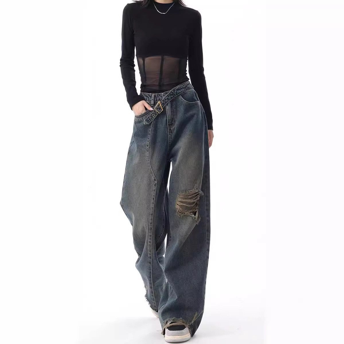 Damen Weite High-Waist Jeans im lässigen Used-Look mit modischen Rissen Amawinc