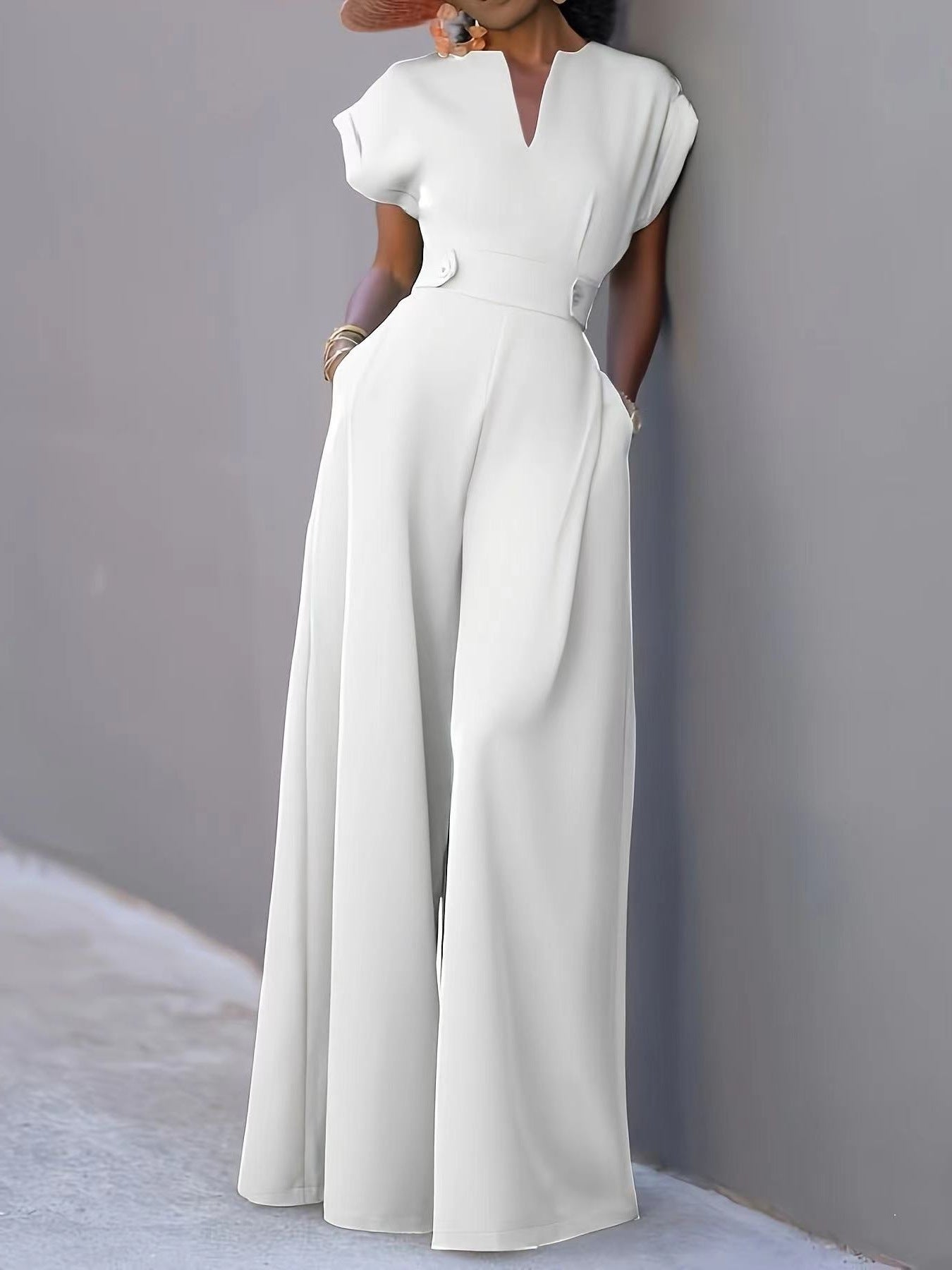 Damen eleganter Jumpsuit mit weitem Bein und praktischen Taschen Amawinc