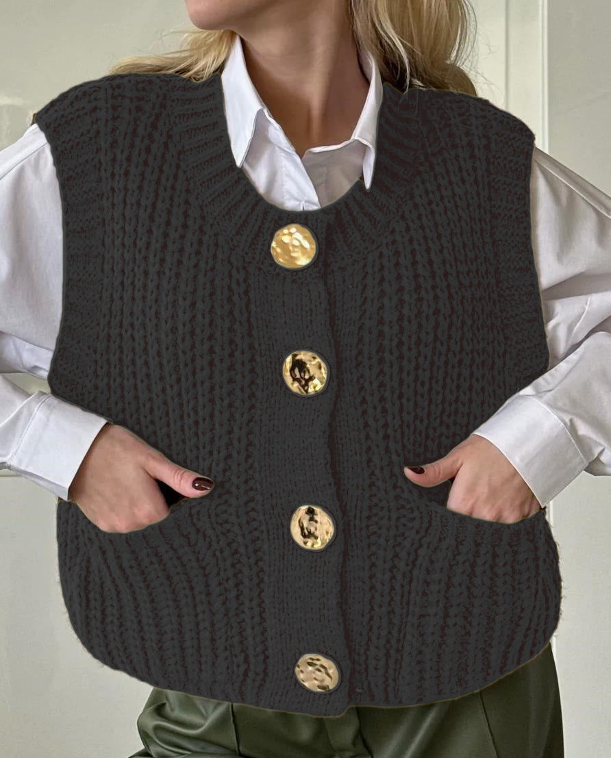 Damen gemütliche Strickweste mit großen Knöpfen und praktischen Taschen Amawinc