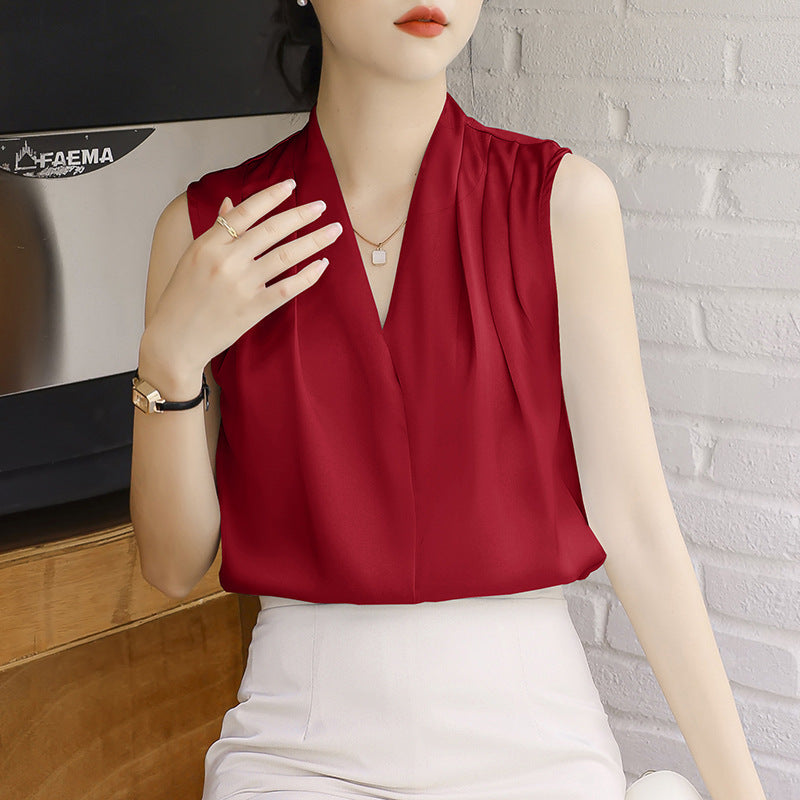 Blouse Plissée À Encolure En V Sans Manches Effet Drapé Satin Polyester Élégante