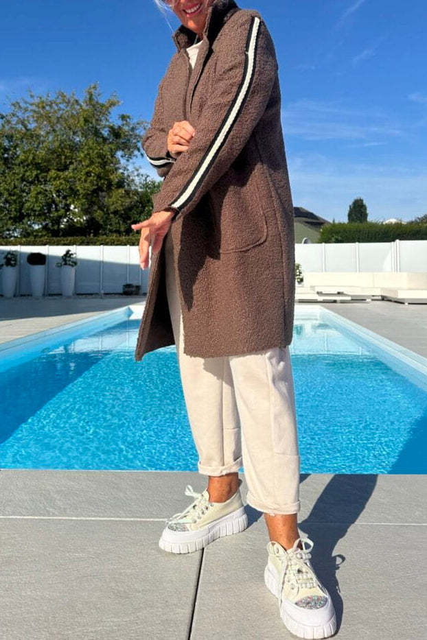 Damen eleganter Teddy-Mantel mit zwei Taschen und sportlichen Streifen Amawinc