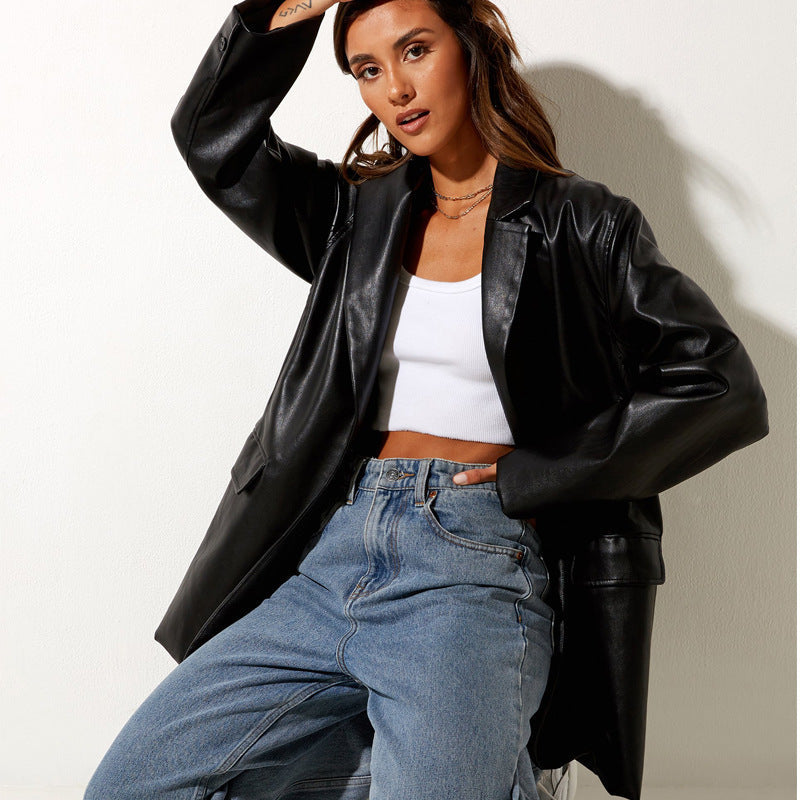 Damen Oversized Kunstleder Blazer Amawinc