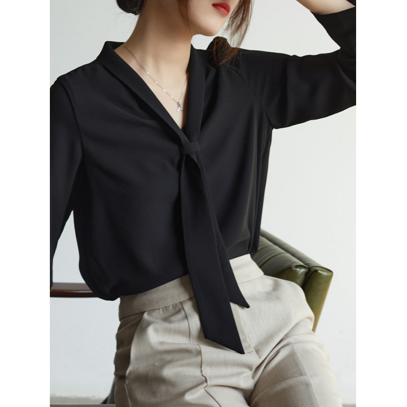 Blouse en Chiffon à Nœud Papillon Drapé et Col en V Pour Élégance Professionnelle Lavage en Machine