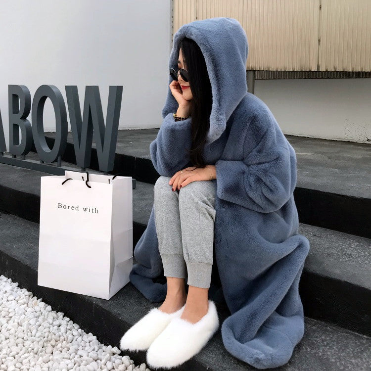 Damen Kuschelmantel mit Kapuze aus weichem Plüsch Amawinc