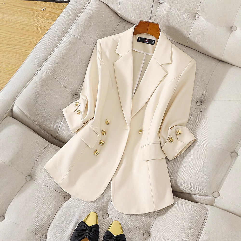 Veste Blazer Pour Femme Tailleur Ajusté Manches Trois Quarts Revers Classique Tissu Luxueux