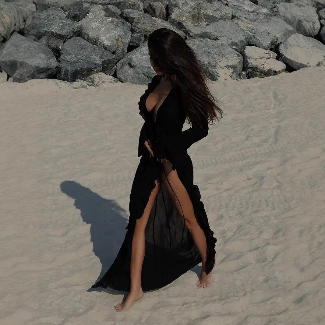 Robe De Plage Femme Manches Longues En Chiffon Légère Et Respirante Avec Ouverture Devant Et Volants Amawinc