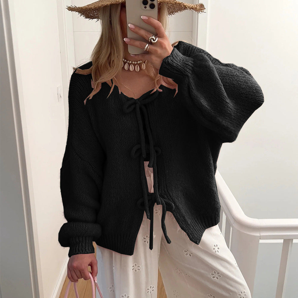 Damen Kuscheliger Strickcardigan mit dekorativen Bindebändern Amawinc