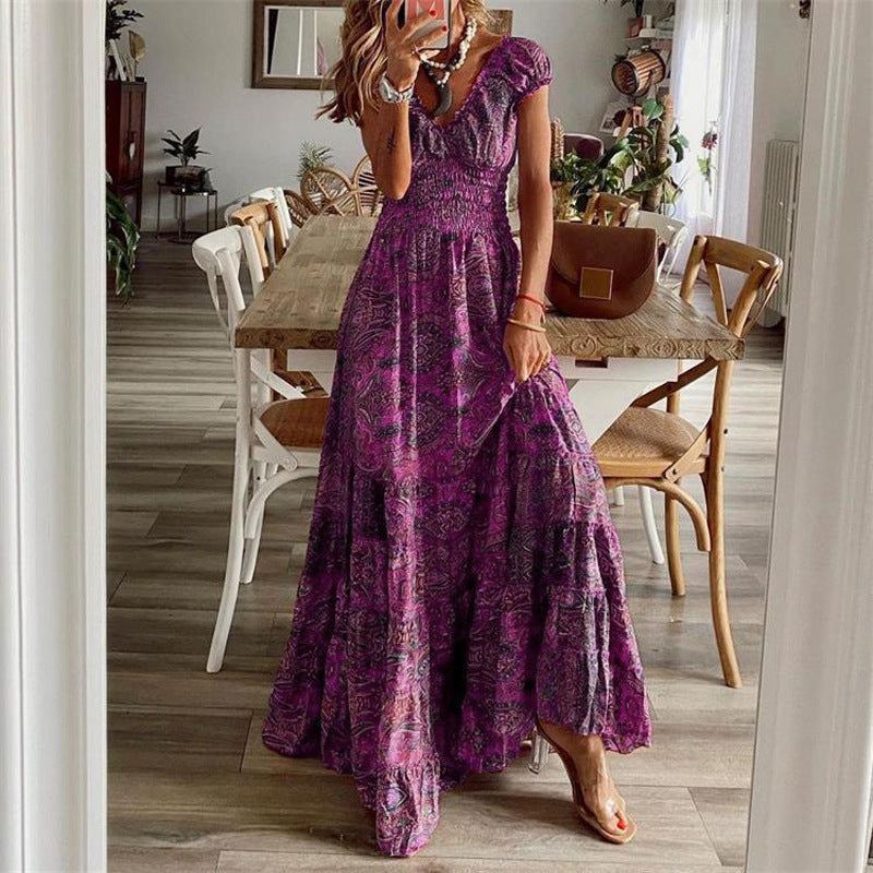 Robe Maxi Femme Col En V Buste Smocké Jupe À Étages Coton Respirant Amawinc Confortable Légère