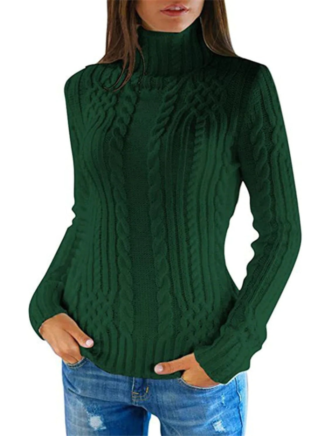 Damen Rolkragenpullover mit Zopfmuster und bequemer Passform Amawinc