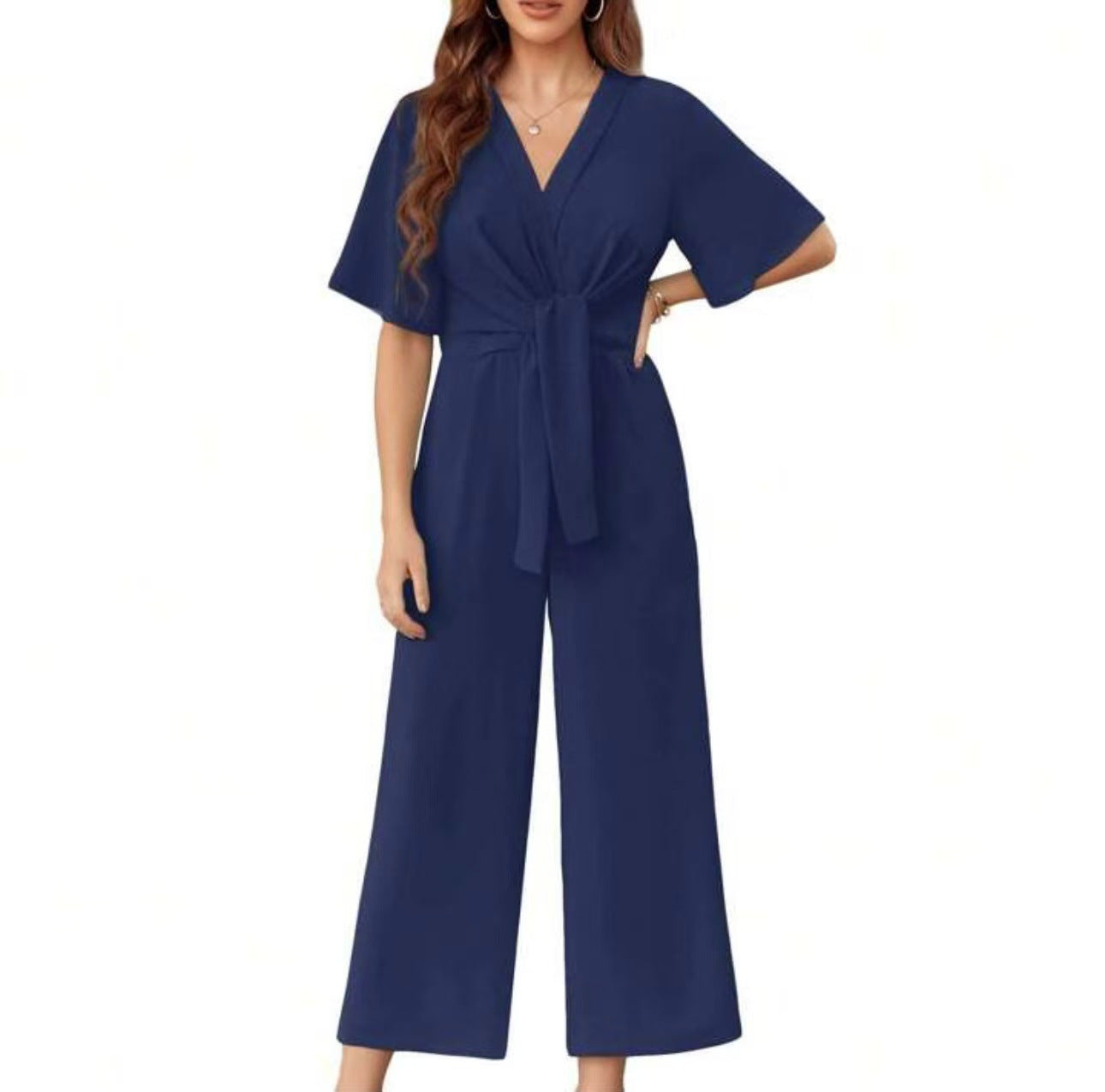 Damen eleganter Wickel-Jumpsuit mit weiten Beinen und Taillengürtel Amawinc