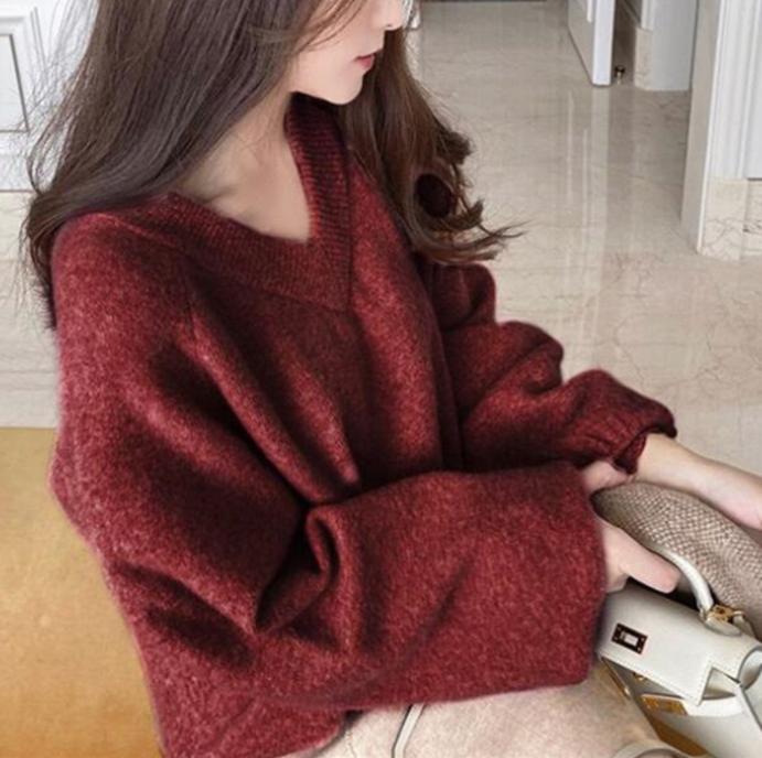 Damen Grobstrickpullover mit tiefem V-Ausschnitt und voluminösen Ärmeln Amawinc