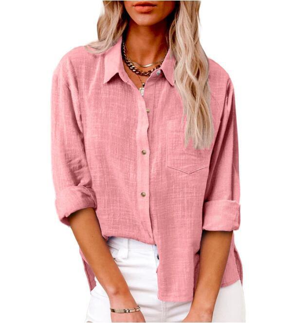 Damen lässige Leinenbluse mit kurzem Arm und Knopfdetails Amawinc